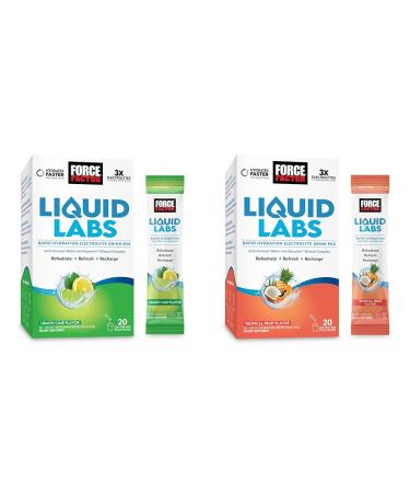 Bundle of FORCE FACTOR Liquid Labs Electrolytes Powder, Hydration Packets to Make Electrolyte Water with Vitamins, Minerals, and Antioxidants. Lemon-Lime Flavor + Tropical Fruit Flavor, 40 Stick Packs