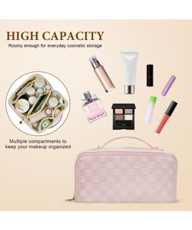 Aucuu Large Capacity Travel Cosmetic Bag for Women Girls PU Leather Waterproof Layered Storage Makeup Bag with Handle Portable Travel Organizer (Checkered Pink) #15 Pink-15 - Buy Online on GoSupps.com