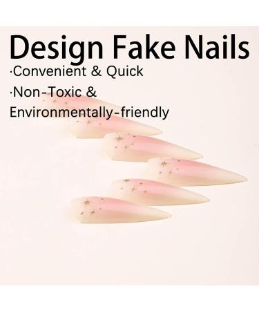 Shop 24Pcs Almond Press on Nails - Long Stiletto Faux Nails Pink Ombre Acrylic with Gold Star Designs - Cute Summer Nails for Women - Buy Online on GoSupps.com