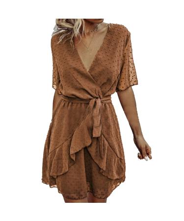 Women's V-neck Summer Dresses Short Ruffle Swing Beach Dress Tunic High Waist Polka Dot Knee Length Dresses M Brown