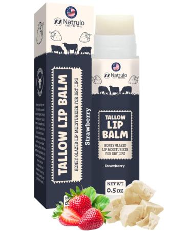 Beef Tallow Lip Balm Natural Tallow Beeswax Chapstick Hydrating Moisturizer Grass Fed Tallow Balm Care Soothes Chapped Dry Lips Sensitive Skin Long Lasting Vitamin Rich USA-Made Strawberry