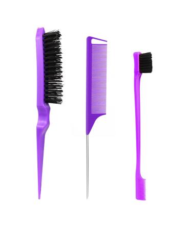 3 pieces Sleek Bun Brush Set double edge brush teasing hair brush set rat tail comb for hairdresser women baby children purple purple