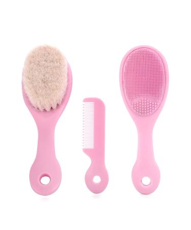 Mocarheri 3 Pieces Baby Hair Brush and Comb Set for Newborns & Toddlers- Soft Goat Bristle Hair Brush Silicone Bath Brush and Baby Comb for Infant Kids (Pink)