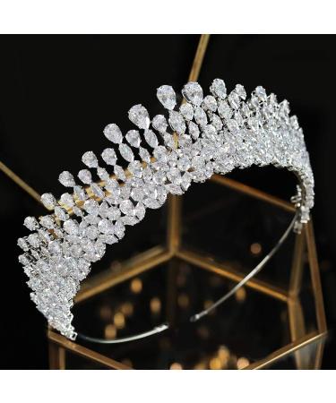 5A Level Cubic Zirconia Tiaras for Wedding CZ Queen Crowns Bride Pageant Quinceanera Hair Accessories Gifts for Women Silver HG0161