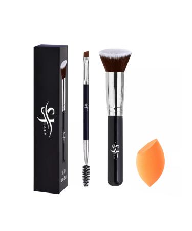 Flat Top Foundation Brush, Premium Kabuki Makeup Brush for Liquid, Cream, Powder, Blush Buffing, Blending, Flawless Face Brush , Stippling Makeup Tools , Angled Eye Brow Brush and Spoolie Brush with beauty blender / black .
