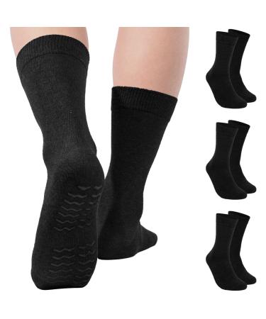 FITEXTREME Non-Skid Diabetic Crew Socks Non Binding Top Cotton Gripper Socks for Men 3Pairs One Size Black