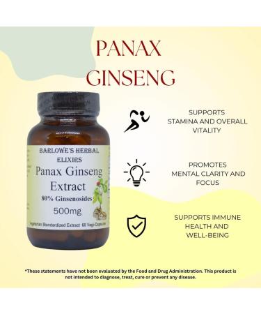 Barlowe's Herbal Elixirs Panax Ginseng | Extract | 80% Ginsenosides | 500mg Per Capsule | Stamina, Focus & Vitality Support | 60 VegiCaps | Stearate Free | Bottled in Glass - Buy Online on GoSupps.com