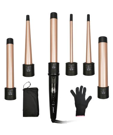 janelove Hair Curler Curling Wand 6 in 1 Hair Iron Set for Long/Short Hair with 5 Interchangeable Ceramic Barrel Include Large/Small Hair Waver Hair Crimpers with Heat Resistant Glove 6 in 1 Set