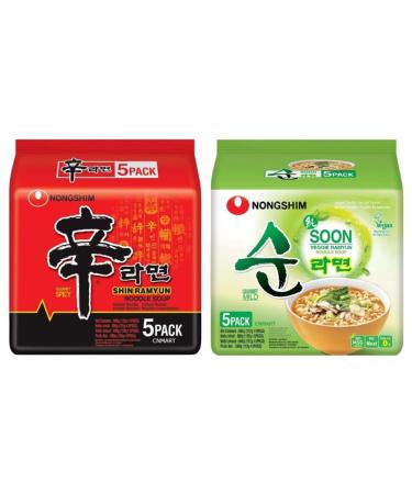 Nongshim Ramen Assorted Bundle Shin Ramyun Soon Veggie Ramyun Instant Noodle Soup 2 Flavours Box Halal (Pack of 10) by CNMART