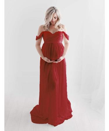 FEOYA Maxi Maternity Dress Chiffon Lace Strapless Gown | Red | Split Front | Photography | Full Length - Buy Online on GoSupps.com
