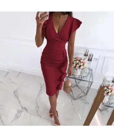 Briskorry Women's Summer Business Dresses - Elegant V-Neck Floral Knee-Length Ruffled Festival Dresses - Buy Online on GoSupps.com