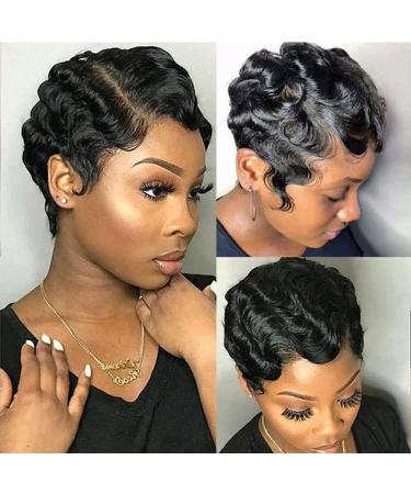 YOLANFAIRY Short Pixie Cut Wigs For Black Women Mommy Wig Brazilian Human Hair Wigs Finger Ocean Wave Wig Remy Human Hair Wig Cheap Wig For Party(Black 1B) 1B Black