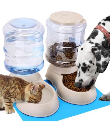 2 Pack Automatic Cat Feeder and Water Dispenser in Set with Pet Food Mat for Small Medium Dog Pets Puppy Kitten Big Capacity 1 Gallon x 2 2 Pack Cream
