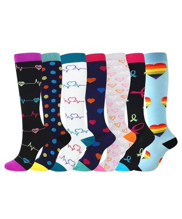 Compression Socks for Women and Men 7 Pairs Medical Compression Stockings 15-20 mmHg Colorful Support Socks for Athletic Varicose Veins Running Cycling Hiking Flight Travel Nursing Pregnancy Multi-colored S-M