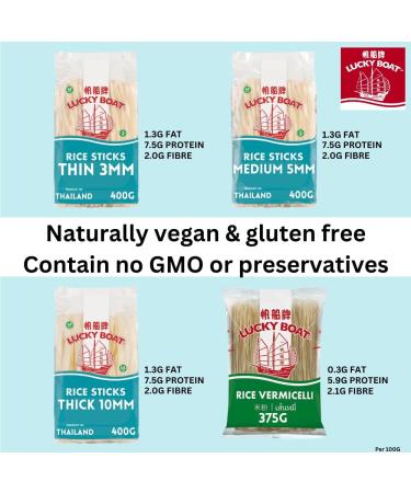 Lucky Boat Rice Noodle 400g - Thick 10mm Pad Thai Style Gluten Free Noodles for Stir Fry | Thai, Chinese, Asian Ingredients Included - Buy Online on GoSupps.com