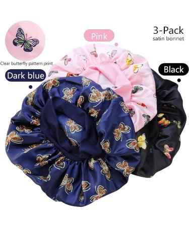 3-Piece Satin Silk Bonnet Set for Sleeping | Wide Elastic Band Night Cap for Women - Black - Buy Online on GoSupps.com