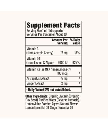 Astragalus & Ginger Natural Vitamin D3 & K2 Liquid Drops for Immune Support | Immunity Herbal Blend | 100% Pure Essential Oils & Lemon Tincture | Made in USA - Buy Online on GoSupps.com