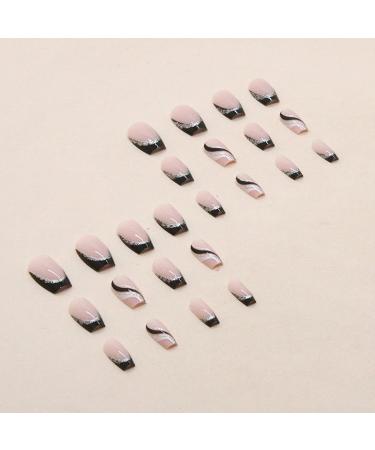 Black French Tip Press on Nails with Silver Glitter Line Design - 24Pcs Medium Length Square Fake Nails - Glossy Coffin Full Cover Nail Tips for Women - Buy Online on GoSupps.com