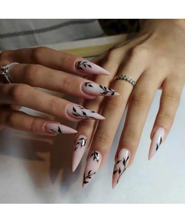 Spring Press on Nails Medium Almond Fake Nails with Nail Glue Spring Black Leaf False Nails Acrylic Nail Tip with Simple Leaves Design for Women and Girl 24Pcs