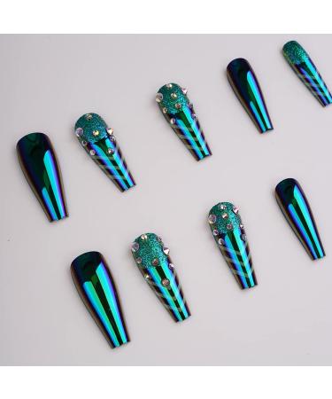 Xerling Glossy Green Press-On Fake Nails with Rhinestones - Long Coffin Full Cover Tips (24 Pcs Pattern G) | International Shipping Available - Buy Online on GoSupps.com