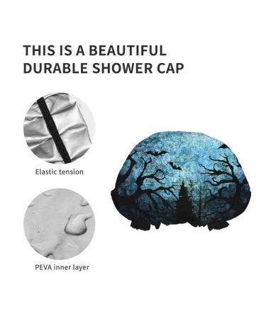 Moslion Blue Teal Gray Moon Shower Cap | Halloween Night Spider Web Bats | Spooky Forest Tree Hair Cover for Women | Reusable Large Bath Cap - Buy Online on GoSupps.com