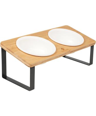 Raised Ceramic Cat Bowls with Tilted Bamboo Stand - Anti Vomiting, Whisker-Friendly, 5.5 Wide Dish for Food and Water - Indoor Iron Stand Bowl - Buy Online on GoSupps.com