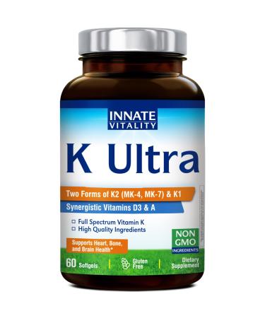 Innate Vitality K Ultra K1 & K2 D3 Vitamin Supplement with Vitamin A Vitamin D3 K2 5000 IU for Healthy Bones Proper Calcium Metabolism Full Spectrum Non GMO 60 Mini Softgels