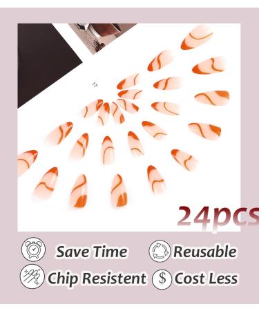 Sethexy Abstract Almond Shape False Nails - 24 Pcs Orange Swirl Acrylic Press-On Nails for Women & Girls - Buy Online on GoSupps.com