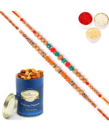 Ghasitaram Gifts Rakhi for Brother Rakhis Online - Set of 2 6490 6493 Fancy Rakhis with 100 GMS of Dryfruits Mix Can