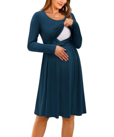 OUGES Womens V-Neck Long/Short Sleeve Casual Floral Maternity Dresses Nursing Gown Breastfeeding Dress with Pockets S Navy592
