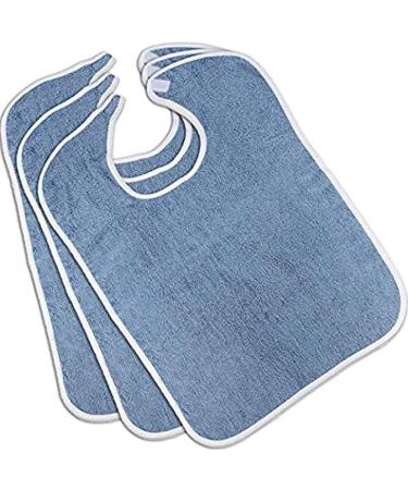 Terry Adult Bibs (3-Pack, 18 x 30 Inches) with Velcro Closure Made from 100% Cotton - Reusable/Machine Washable Patient Bibs Blue