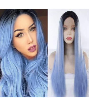 Rosennie long straight art hair wig orange long silky wig yaki lace front wig women fashion lace front wig long curly cosplay wig fashion colored lolita wigs (light blue)