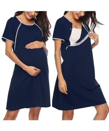 Sykooria Women's Maternity Nightdress Breastfeeding Nightwear Short Sleeve Nursing Nightgown Button Down Sleep Shirt V Neck Pajama Tops Soft Loungwear For Pregnant Women B - Navy Blue XL