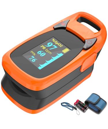 Fingertip Pulse Oximeter with Plethysmograph and Perfusion Index, Include Carrying case, Large OLED Digital Display Blood Oxygen Saturation Monitor Heart Rate Monitor (Color: Red-Orange)