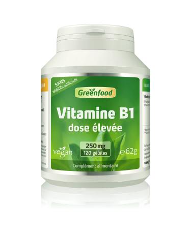 Greenfood Vitamin B1, 250 mg, high dose, 120 capsules - for normal energy metabolism. No artificial additives. No genetically modified organisms. Vegan tablets.