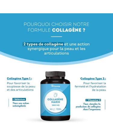Marine Collagen Type 1&3 1000mg | Low molecular weight high absorption | Hydrolyzed Marine Peptides | With Vitamin C | Skin & Joints | 180 tablets 3 months | Made in France | Vitavea - Buy Online on GoSupps.com