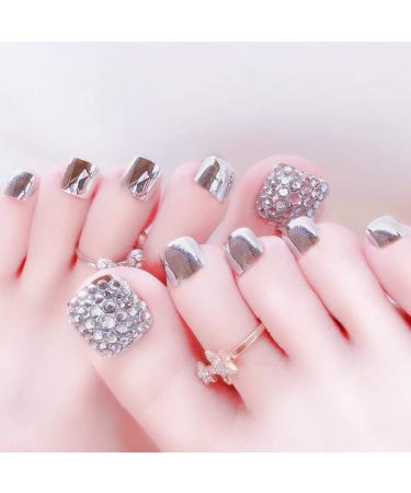 Sethexy 3D bling silver shiny false toenail wedding street sparkle square short complete cover 24 pieces fake toenails art tips for women and girls