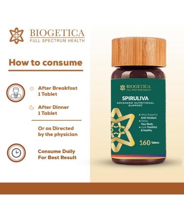 Biogetica Organic Spiruliva Pills with Astaxanthin - Non-GMO, Rich in Vegan Protein, Vitamins & Prebiotics - 100% Vegan Ayurveda Supplement - 160 Tablets - Buy Online on GoSupps.com