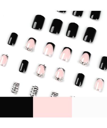 Zebra Design French Tip Square Press On Nails with Rhinestones - Medium Length False Nails for Women & Girls | Acrylic Full Cover Stick On Nails - Style 5 - Buy Online on GoSupps.com