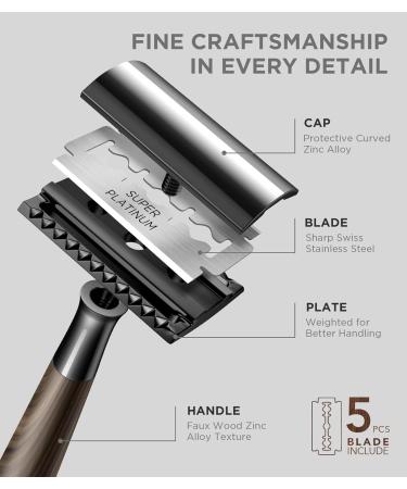 Double Edge Safety Razor with Faux Wood Zinc Alloy Handle and Swiss Stainless Steel Blades - Eco-Friendly Shaving Gift, Dark Brown Wood - Buy Online on GoSupps.com