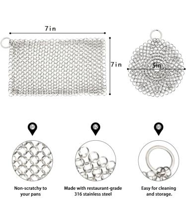 Cast Iron Skillet Cleaner Chainmail Srubber 2 Pack Premium Stainless Steel Chain Maille Scrubber Metal Scrubber for Cast Iron Pans CS03 Skillet Wok Pot Glassware 7"x 7" Rectangle & 5"x 5" Round - Buy Online on GoSupps.com