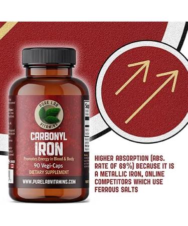 Pure Lab Vitamins Carbonyl Iron 90 Vegan Caps - High Bioavailability with VIT C - Non-Constipating Red Blood Cell Support - Made in Canada - Buy Online on GoSupps.com