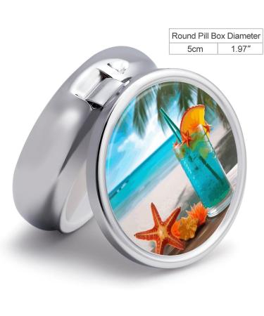 Round Pill Box Tropical Cocktail | 3 Compartment Metal Pill Organizer with Starfish Print | Portable Decorative Pocket Case - Style 21 - Buy Online on GoSupps.com