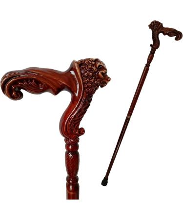 Lion Head Carving Cane Strong Walkers Art Wooden Cane Crutches Traditional Style Animal Carved Wooden Stick