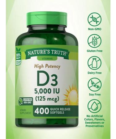 Nature's Truth Vitamin D3 5000 IU Softgels | 400 Count | High Potency | Non-GMO & Gluten Free Supplement 400 Count (Pack of 1) - Buy Online on GoSupps.com