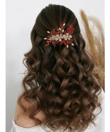 IYOU Crstal Wedding Hair Clip Flower Red Barrette Headpiece Rhinestone Hair Combs Prom Bridal Hair Accessories for Women - Buy Online on GoSupps.com