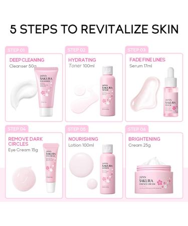 6-Step Sakura Skin Care Gift Set for Women - Vegan & Cruelty-Free - Ideal Gifts for Teenage Girls - Cleanser, Toner, Lotion, Serum, Eye Serum, Essence Serum (6PCS) - Buy Online on GoSupps.com
