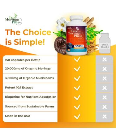 True Moringa Plus+ Focus Support Supplement 10:1 Extract | 20 000mg of Organic Moringa Reishi Cordyceps Lion s Mane Ashwagandha Bacopa Monnieri | Memory & Brain Health for Adults (150 Capsules) - Buy Online on GoSupps.com