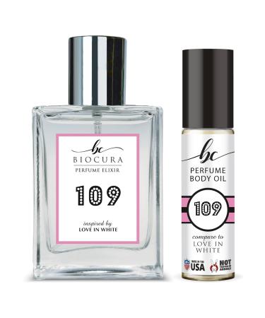 BC Perfume 109 Spray + Body Oil Set Impression of Love In White Travel Size Refillable Bottle Long Lasting Blend Sample For Women / 10ml+50ml