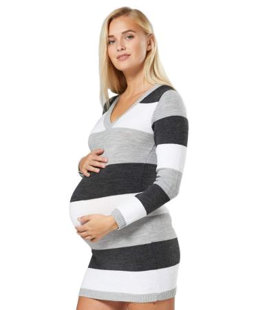 Zeta Ville Women's - Maternity Stripes Knit Jumper Dress Tunic Top V-Neck - 405c 16-18 Graphite Melange